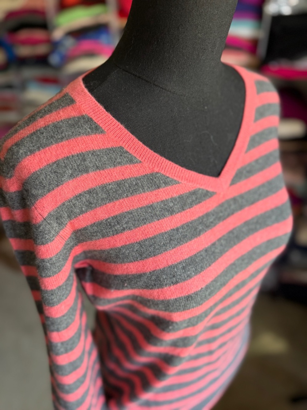 Striped Cashmere V-Neck Women’s Sweater in Gray and Coral